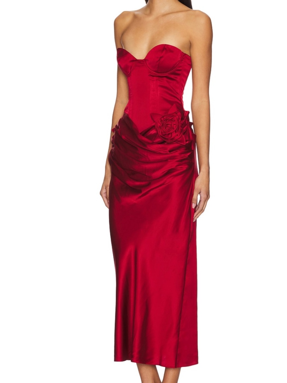 LPA Strapless Satin Midi Dress in Red with Rosette Detail
